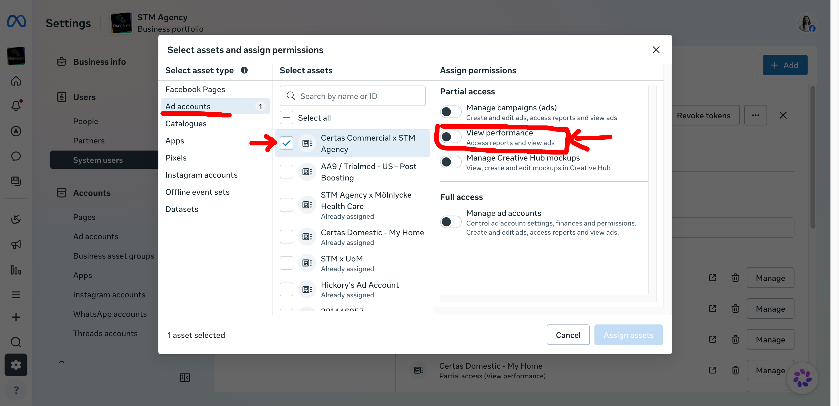 Assign assets modal showing ad account selected with View performance toggled on