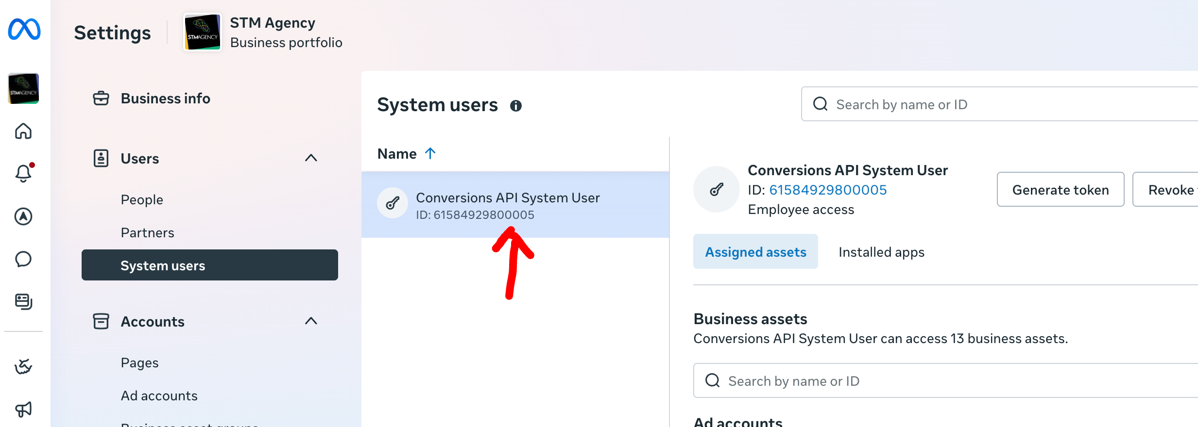 System Users page showing Conversions API System User selected